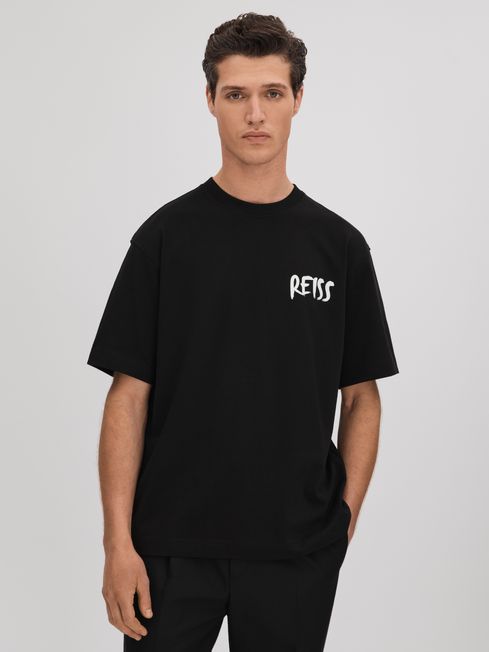 Reiss Black/White Abbott Cotton Motif T-Shirt