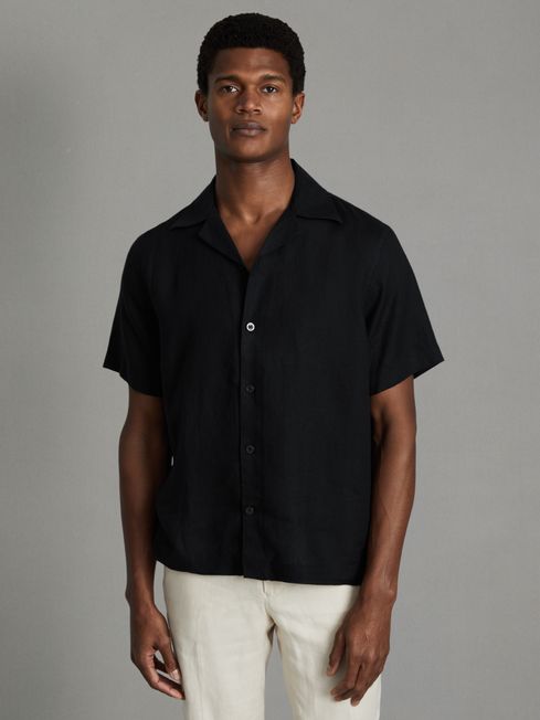 Reiss Black Beldi Relaxed Linen Cuban Collar Shirt