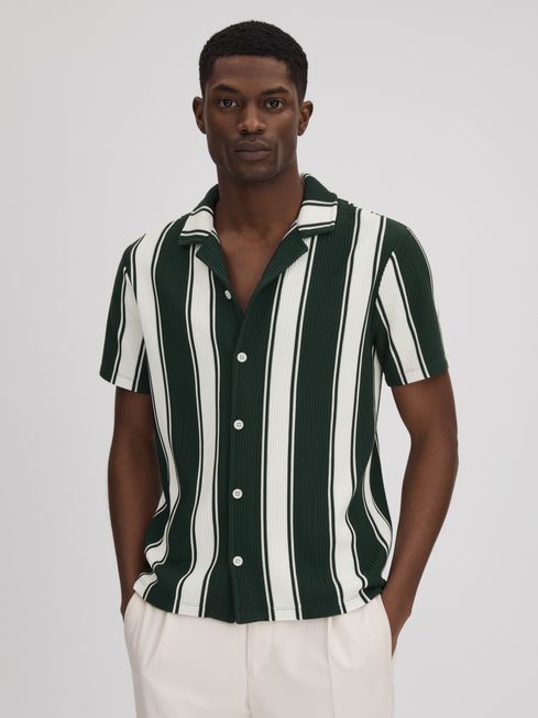 Reiss Green/White Alton Slim Fit Ribbed Cuban Collar Shirt