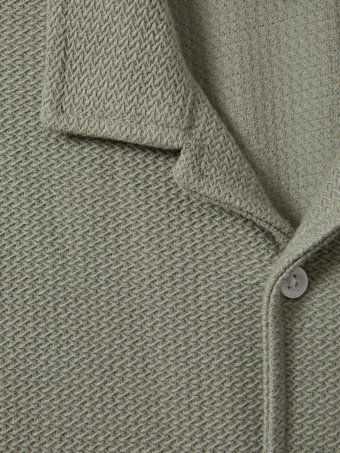 Reiss Pistachio Gerrard Senior Textured Cotton Cuban Collar Shirt
