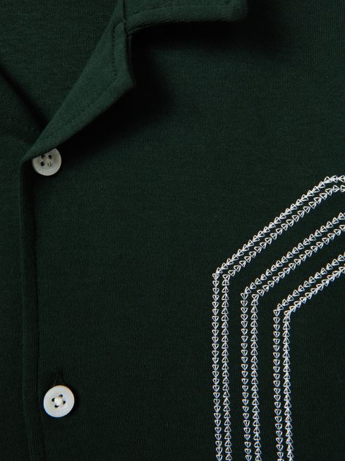 Reiss Green Arlington Senior Cotton Embroidered Cuban Collar Shirt