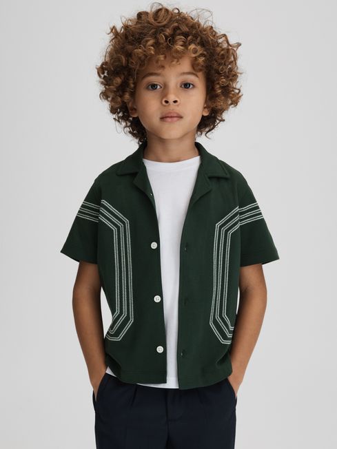 Reiss Green Arlington Junior Cotton Embroidered Cuban Collar Shirt