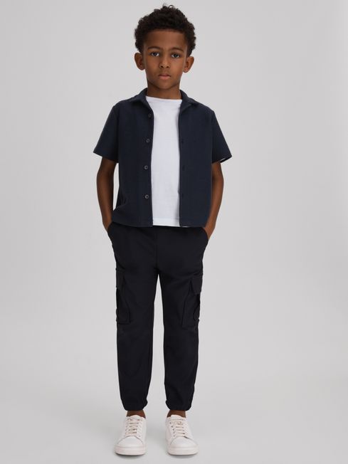 Reiss Navy Gerrard Junior Textured Cotton Cuban Collar Shirt