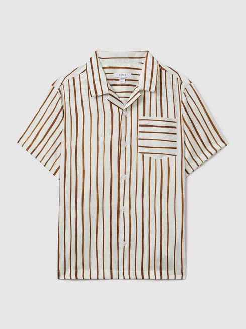 Reiss Ecru/Tobacco Rava Senior Striped Cuban Collar Shirt