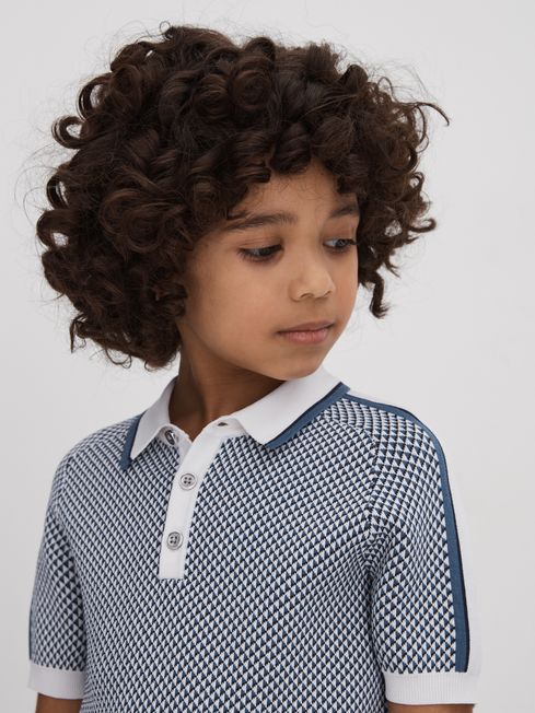 Reiss Blue Brunswick Senior Geometric Design Knitted Polo Shirt
