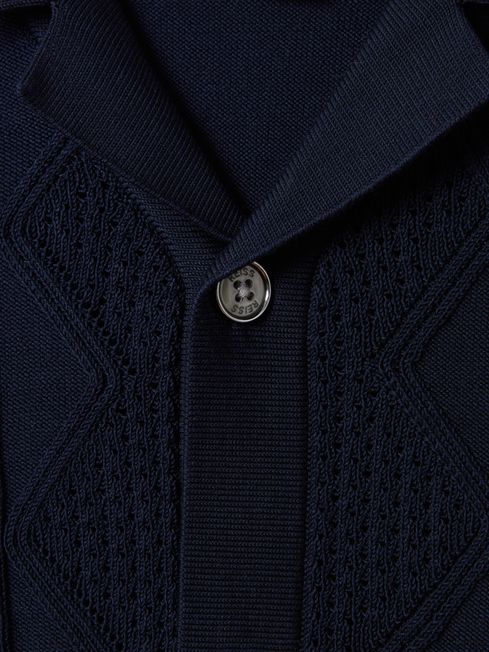 Reiss Navy Fortune Senior Cable Knit Cuban Collar Shirt