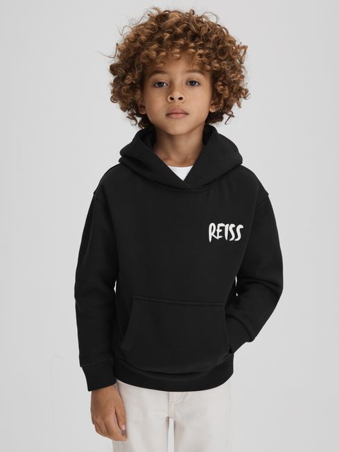 Reiss Washed Black Newton Junior Cotton Relaxed Motif Hoodie