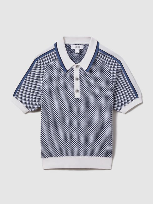 Reiss Blue Brunswick Teen Geometric Design Knitted Polo Shirt