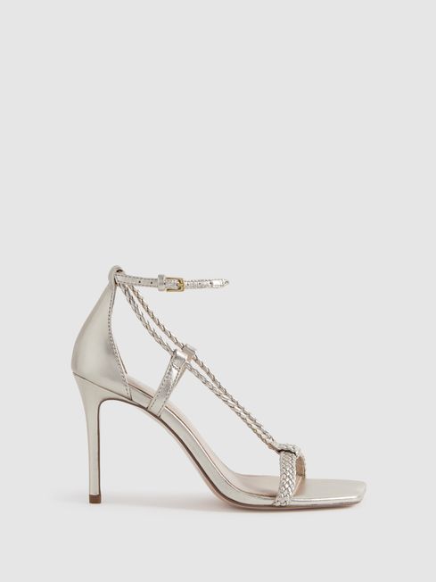 Reiss Gold Paige Leather Plaited Strappy Heeled Sandals