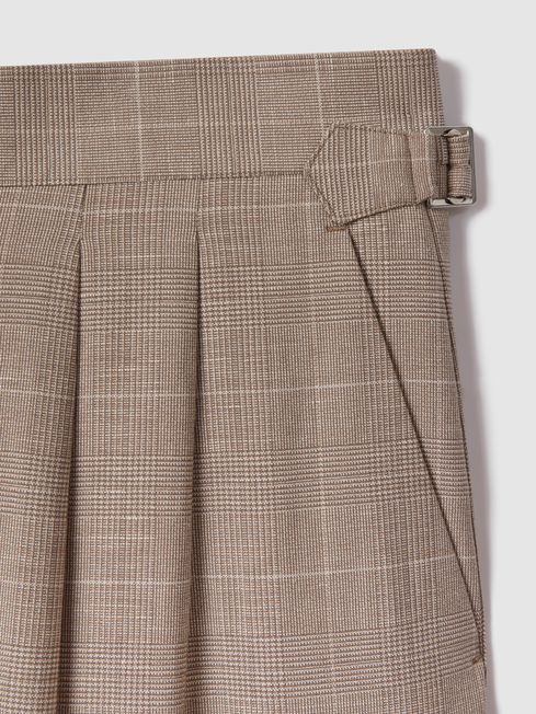 Reiss Oatmeal Collect Slim Fit Check Adjuster Trousers with Turn-Ups