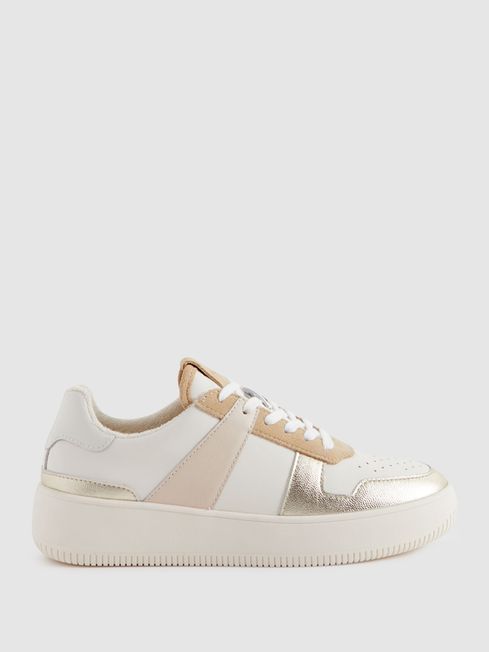 Reiss White/Gold Aira Mid Top Leather Trainers