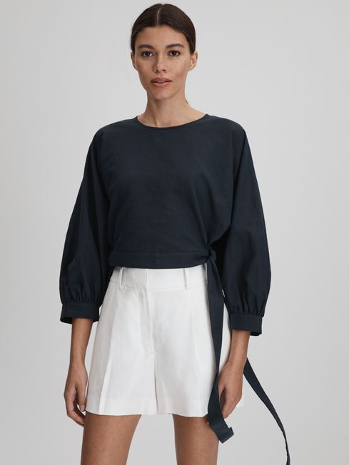 Reiss Navy Immy Cropped Blouson Sleeve Top