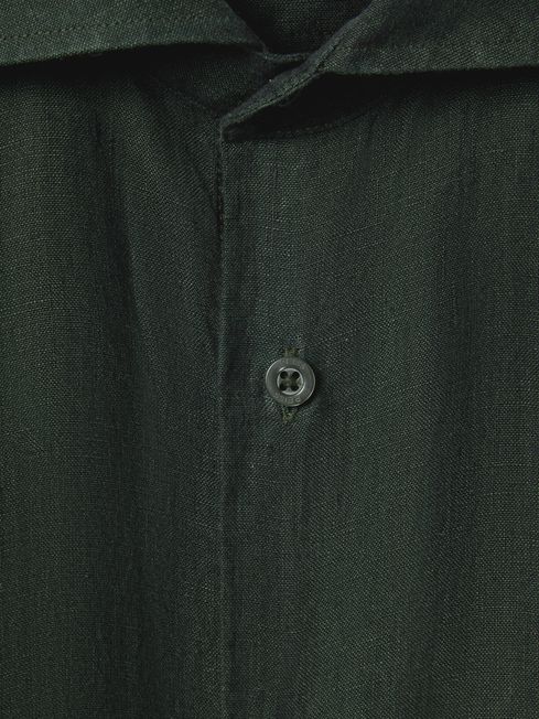 Linen Button-Through Shirt in Dark Green