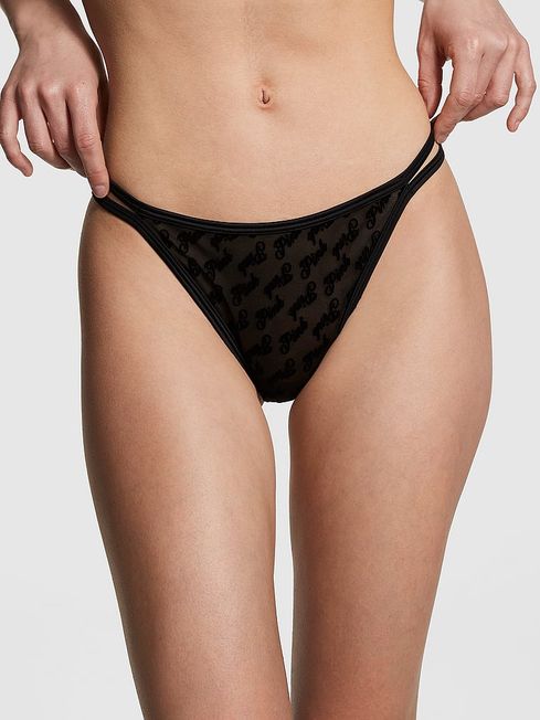 Victoria's Secret PINK Pure Black Thong Flocked Mesh Strappy Knickers