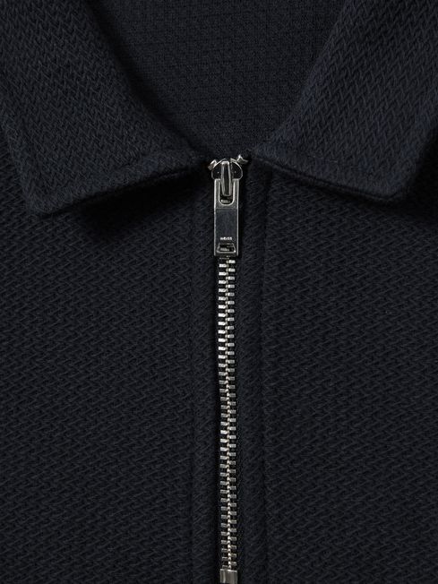 Reiss Navy Felix Textured Cotton Half-Zip Polo Shirt