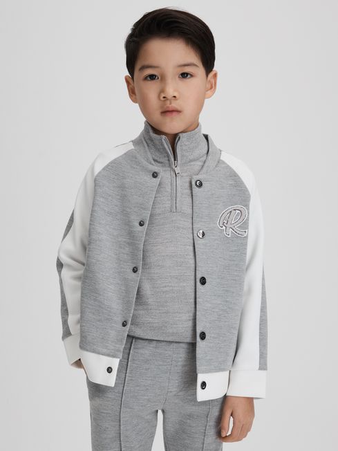 Reiss Soft Grey/White Pelham Senior Jersey Varsity Jacket