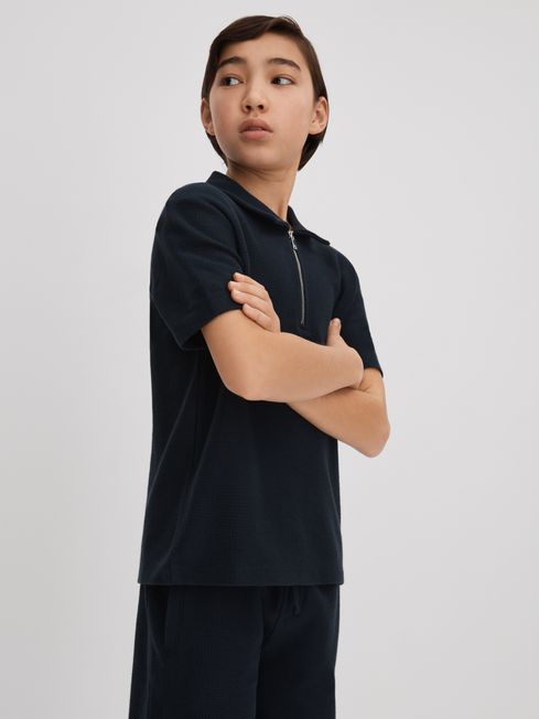 Reiss Navy Felix Junior Textured Cotton Half-Zip Polo Shirt