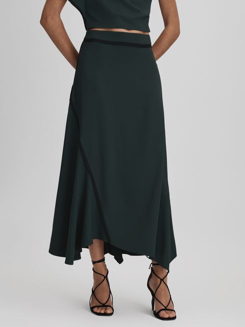 Reiss Green Sara Asymmetric Contrast Trim Midi Skirt