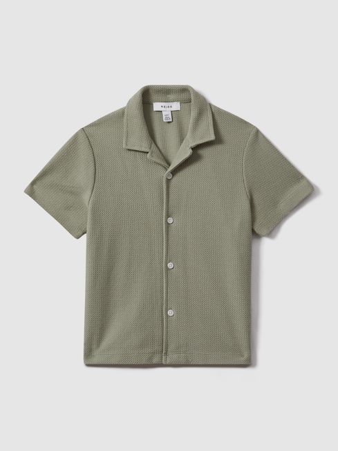 Reiss Pistachio Gerrard Textured Cotton Cuban Collar Shirt