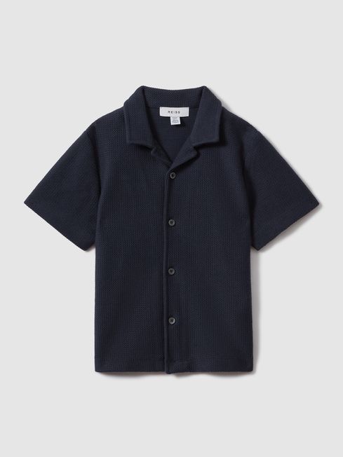 Reiss Navy Gerrard Textured Cotton Cuban Collar Shirt