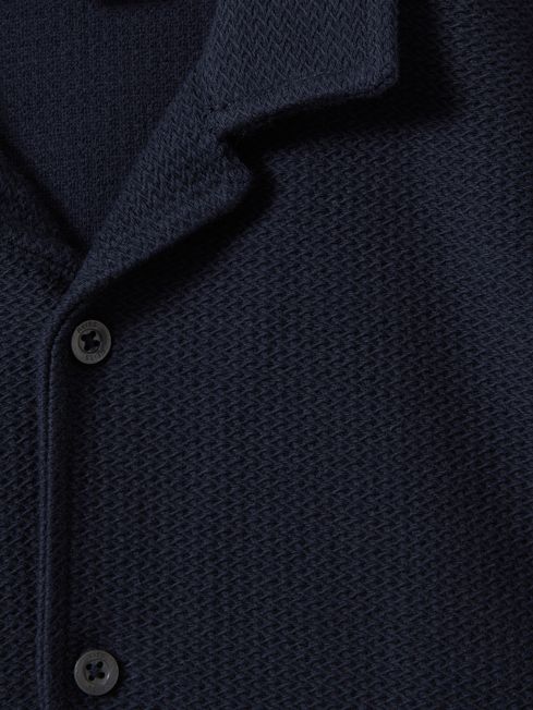 Reiss Navy Gerrard Teen Textured Cotton Cuban Collar Shirt
