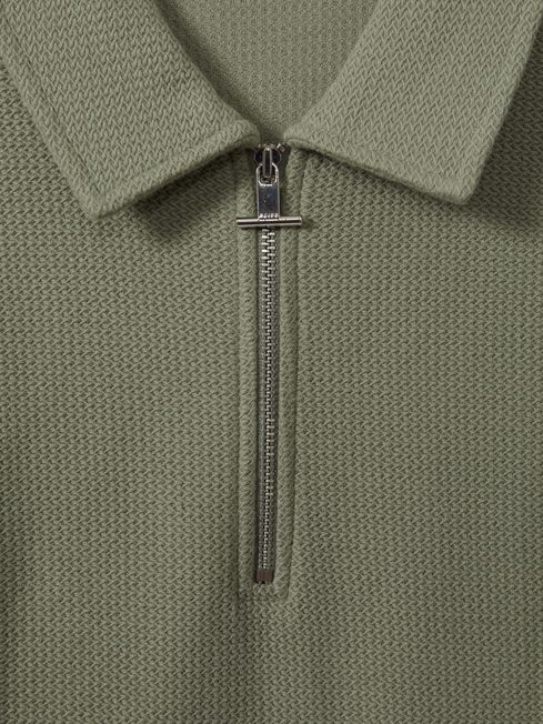 Textured Cotton Half Zip Polo Shirt in Pistachio