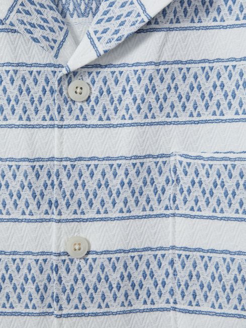 Herringbone Cuban Collar Shirt in White/Soft Blue