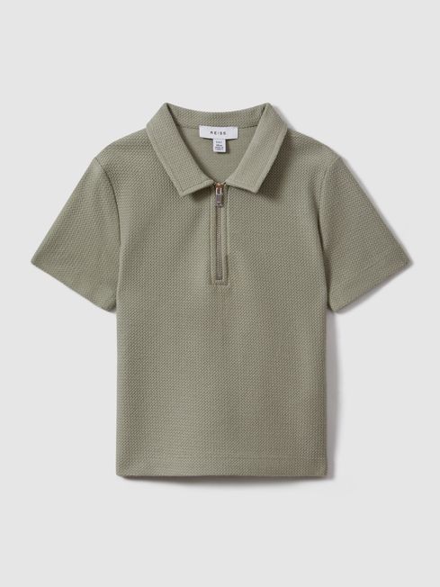 Reiss Pistachio Felix Textured Cotton Half-Zip Polo Shirt