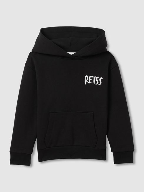 Reiss Washed Black Newton Teen Cotton Relaxed Motif Hoodie