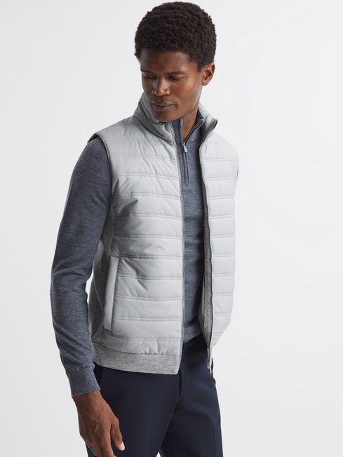 Reiss Soft Grey William Hybrid Quilt and Knit Zip-Through Gilet