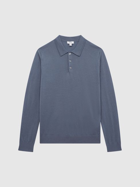 Reiss Nickel Blue Trafford Merino Wool Polo Shirt