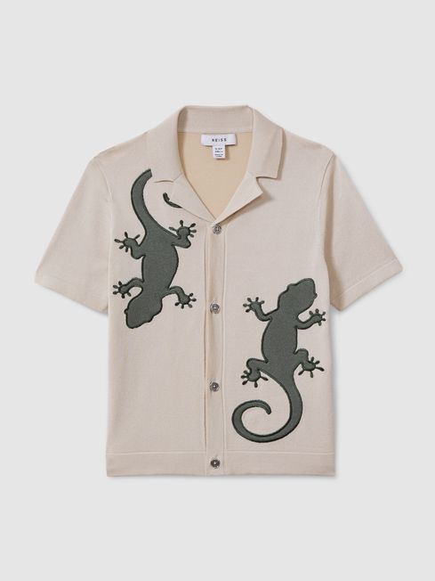 Reiss Stone/Green Reggie Knitted Reptile Cuban Collar Shirt