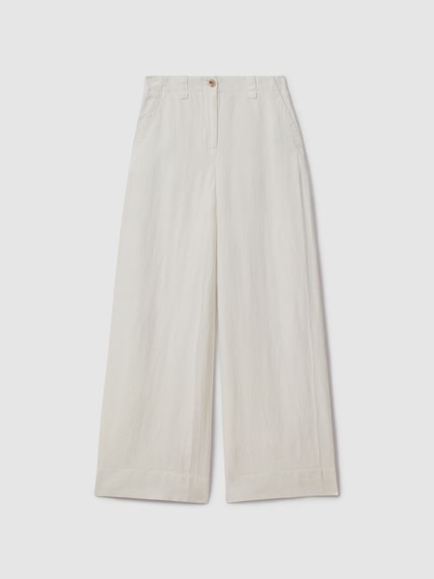 Reiss White Demi Linen Wide Leg Garment Dyed Trousers