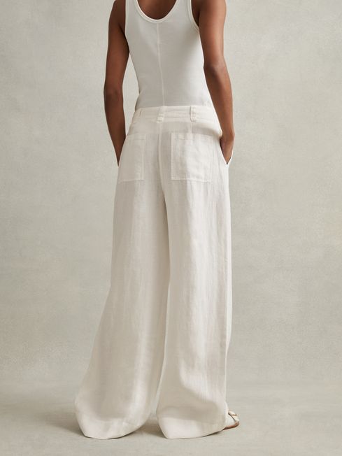 Reiss White Demi Linen Wide Leg Garment Dyed Trousers