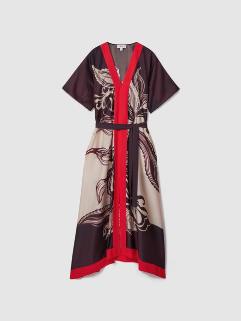 Printed Front Split Midi Dress in Ivory Burgundy REISS USA