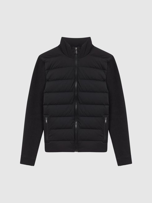Reiss Black Colby Quilted Knitted Hybrid Jacket
