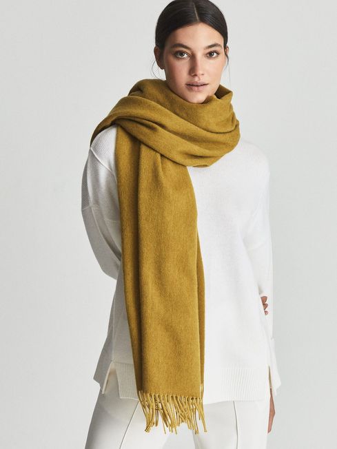 Reiss Dark Yellow Picton Oversized Cashmere Blend Fringed Scarf