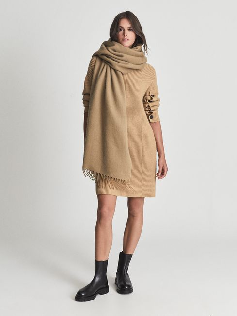 Reiss Camel Picton Oversized Cashmere Blend Fringed Scarf