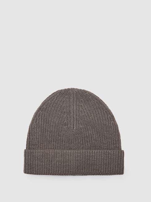 Reiss Taupe Raff Ribbed Beanie Hat
