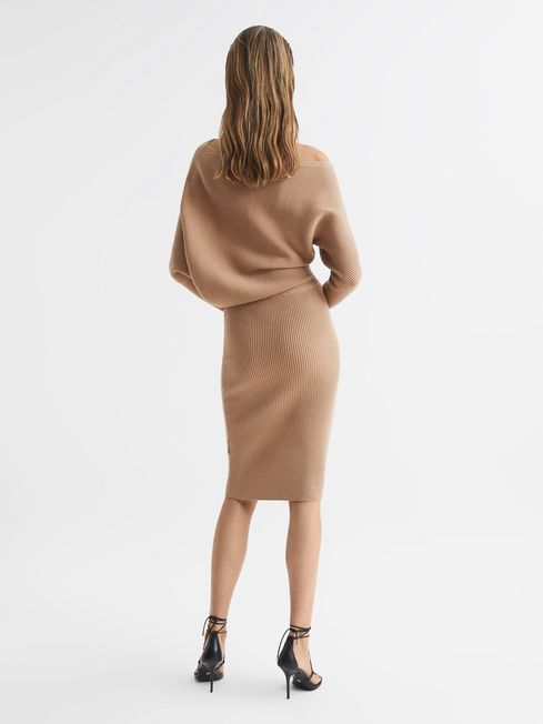 Reiss Camel Lara Off-the-shoulder Knitted Dress