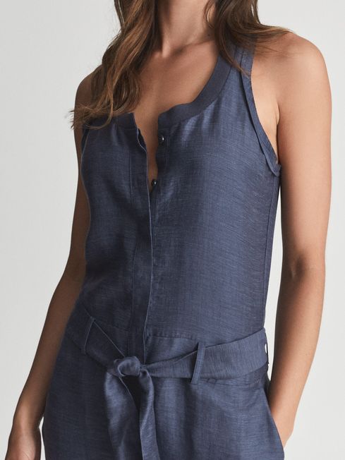 Reiss Navy Keeley Linen Blend Midi Dress
