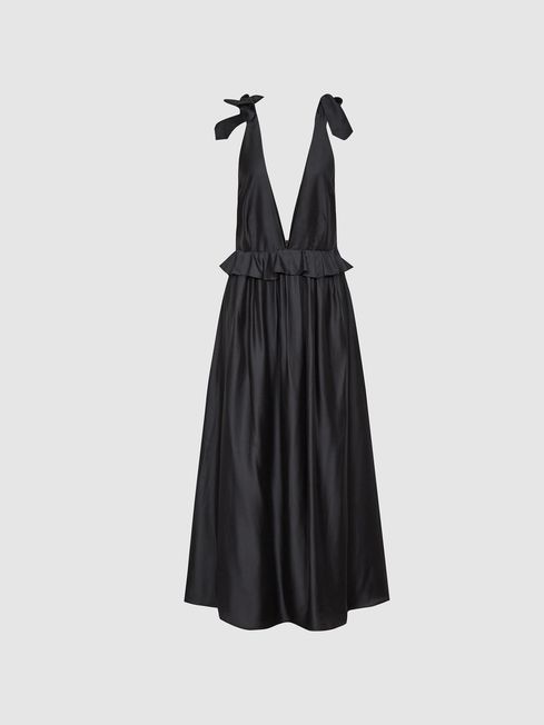 Reiss Black Laura Silk Blend Midi Dress
