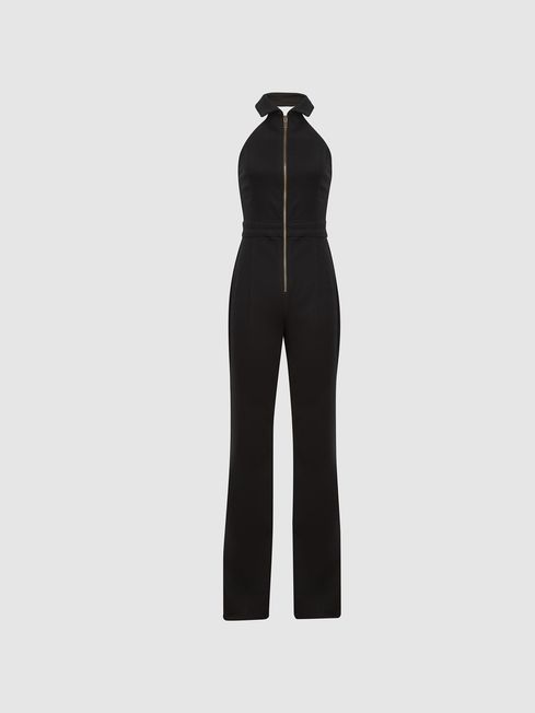 Denim Halterneck Jumpsuit in Black REISS USA