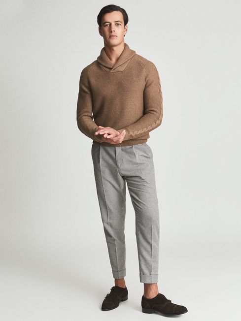 Reiss Camel Derry Shawl Collar Cable Knit Jumper