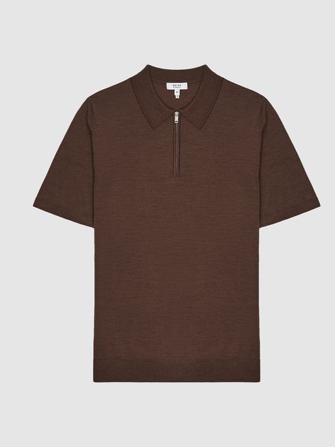 Reiss Toffee Brown Maxwell Merino Zip Neck Polo