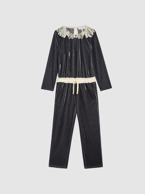 Reiss Dana Junior Lace Trim Velvet Jumpsuit REISS