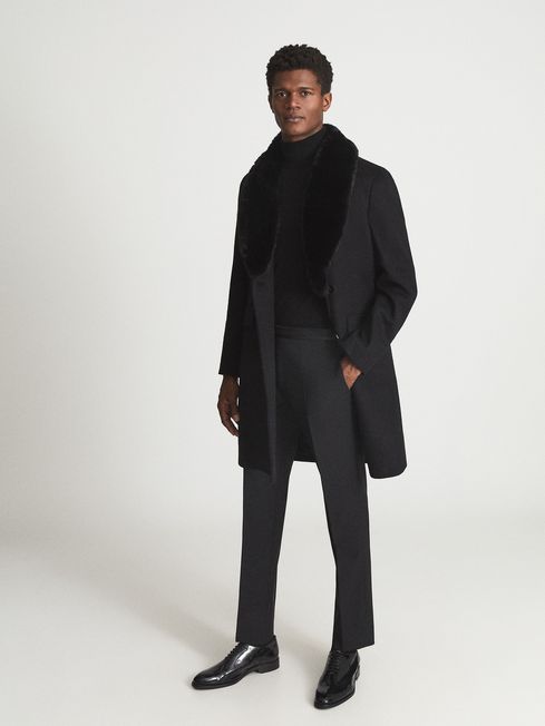 Reiss Black Blyth Faux Fur Collar Wool Tailored Coat