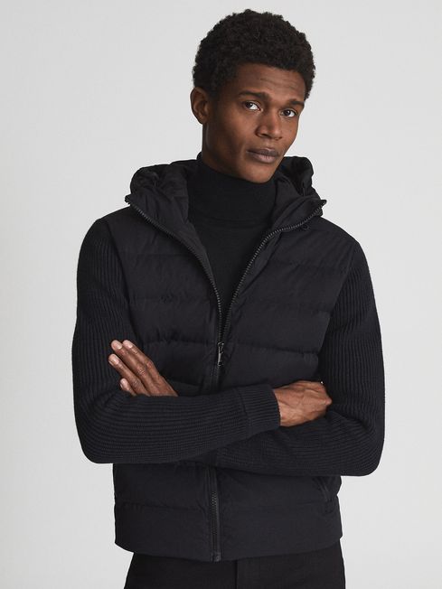 Quilted Knitted Hybrid Hooded Jacket in Black