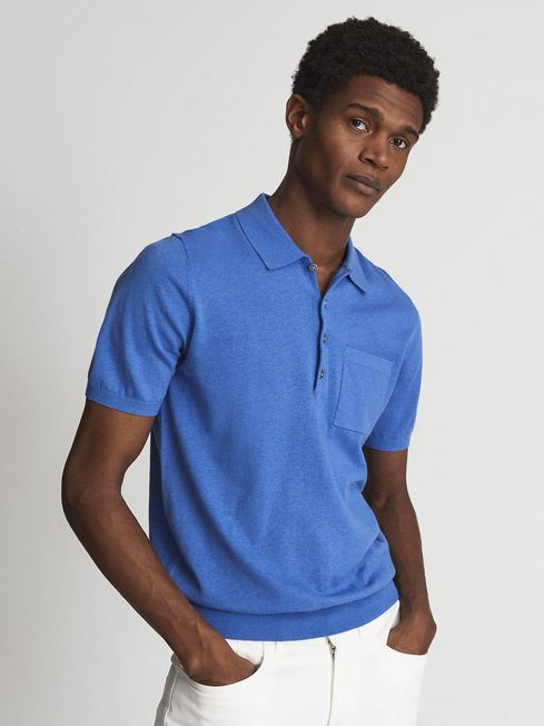Buttoned Linen Polo Shirt in Bright Blue REISS USA