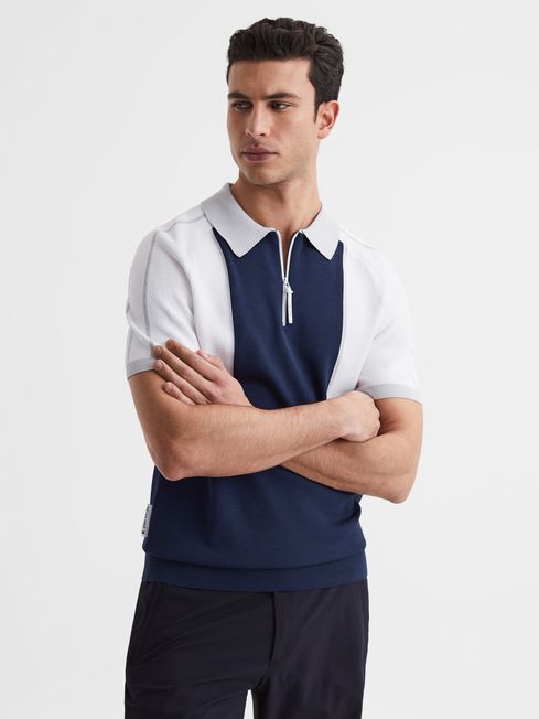 Reiss Navy/White Swing Golf Colourblock Half-Zip T-Shirt